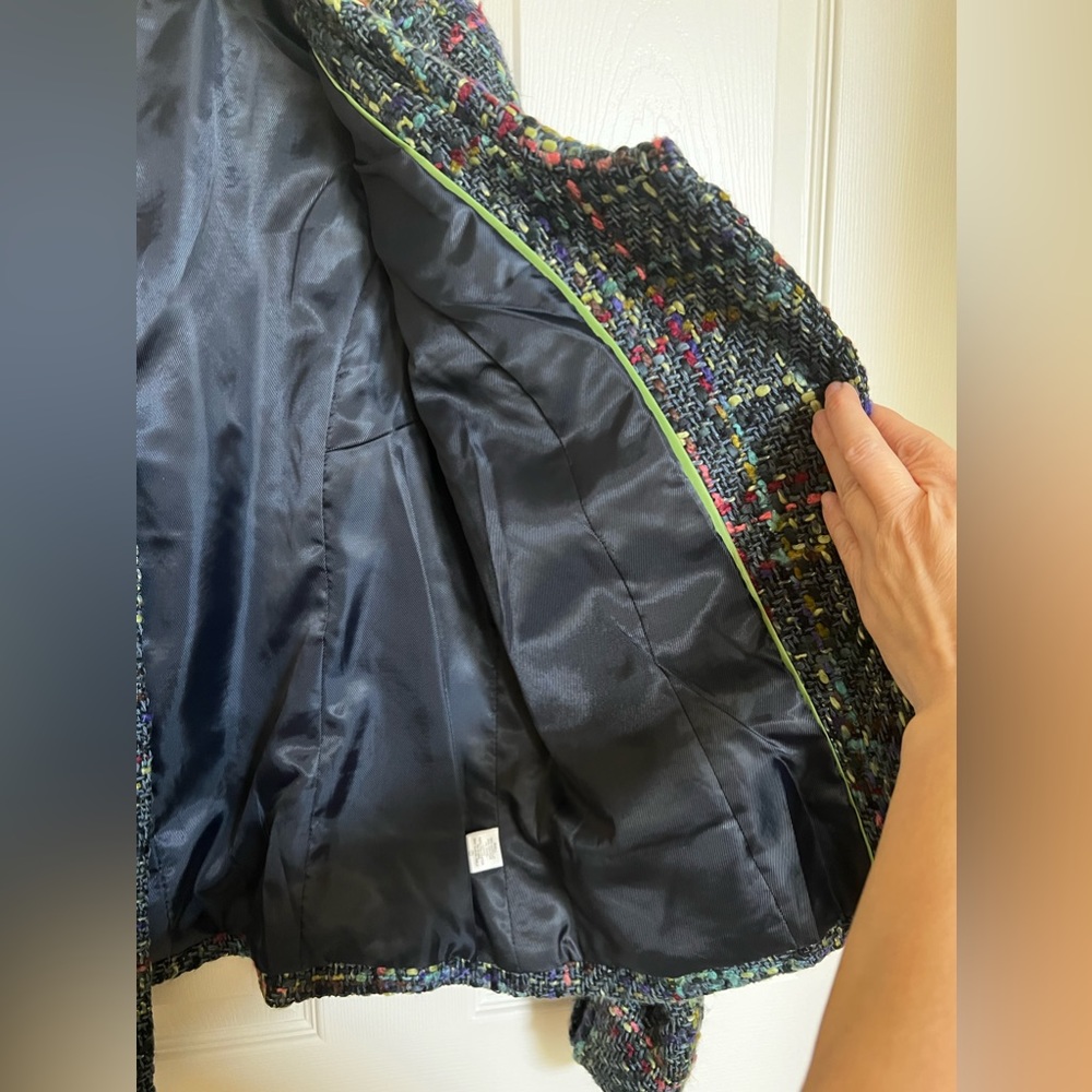 Navy Blue, Multi-Plaid Textured Tweed Retro Blazer/Jacket w/ portrait collar. - Picture 5 of 13